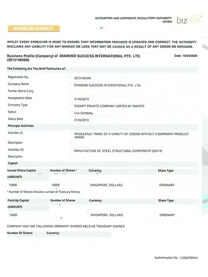 Singapore-registered company since 2013 certificate
